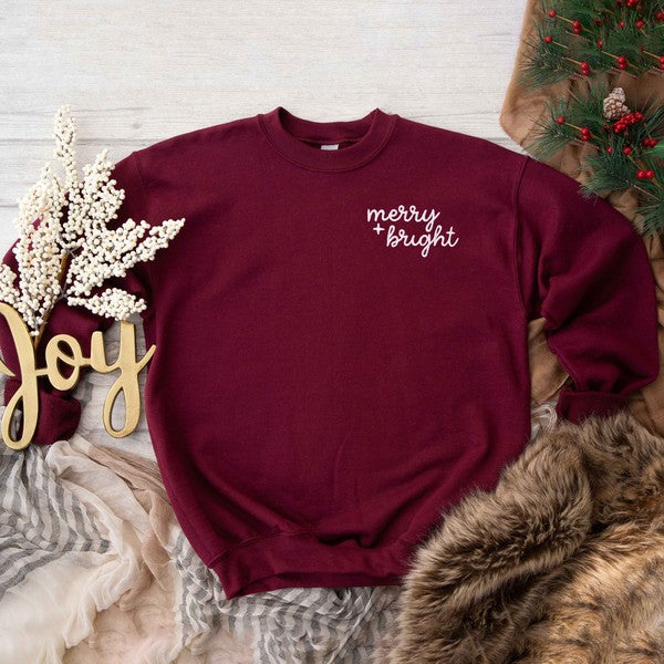 Embroidered Merry And Bright Cursive Graphic Sweatshirt