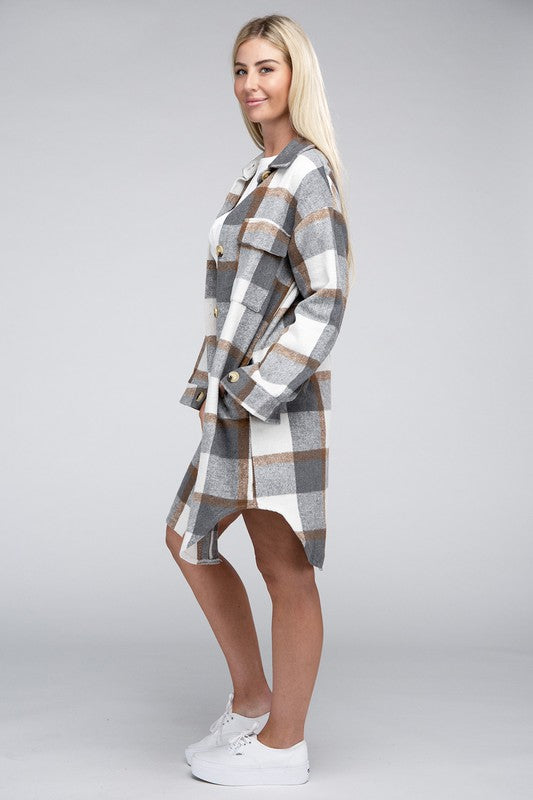 Plaid Flap Pocket Drop Shoulder Shirt